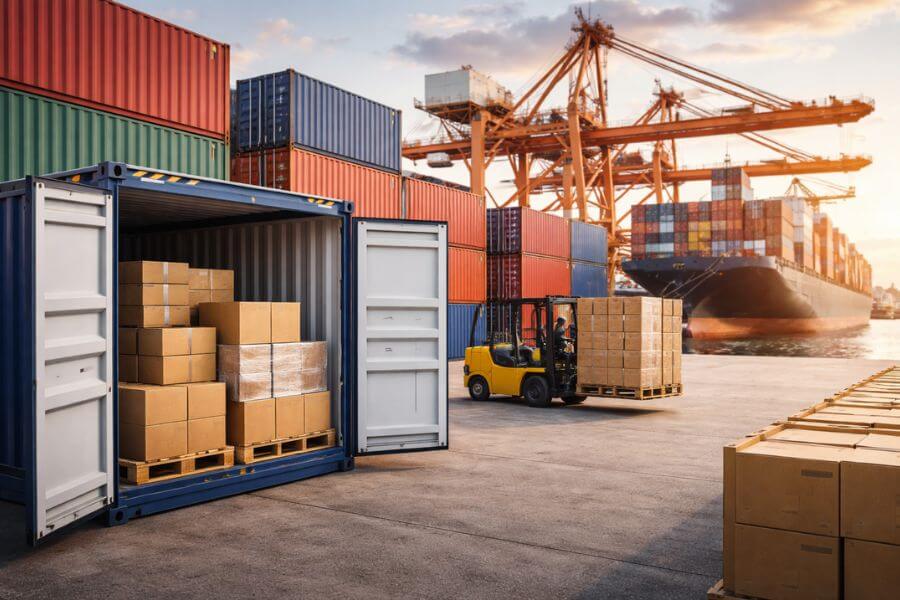Less Than Truckload cargo pallets loaded inside a transport hub